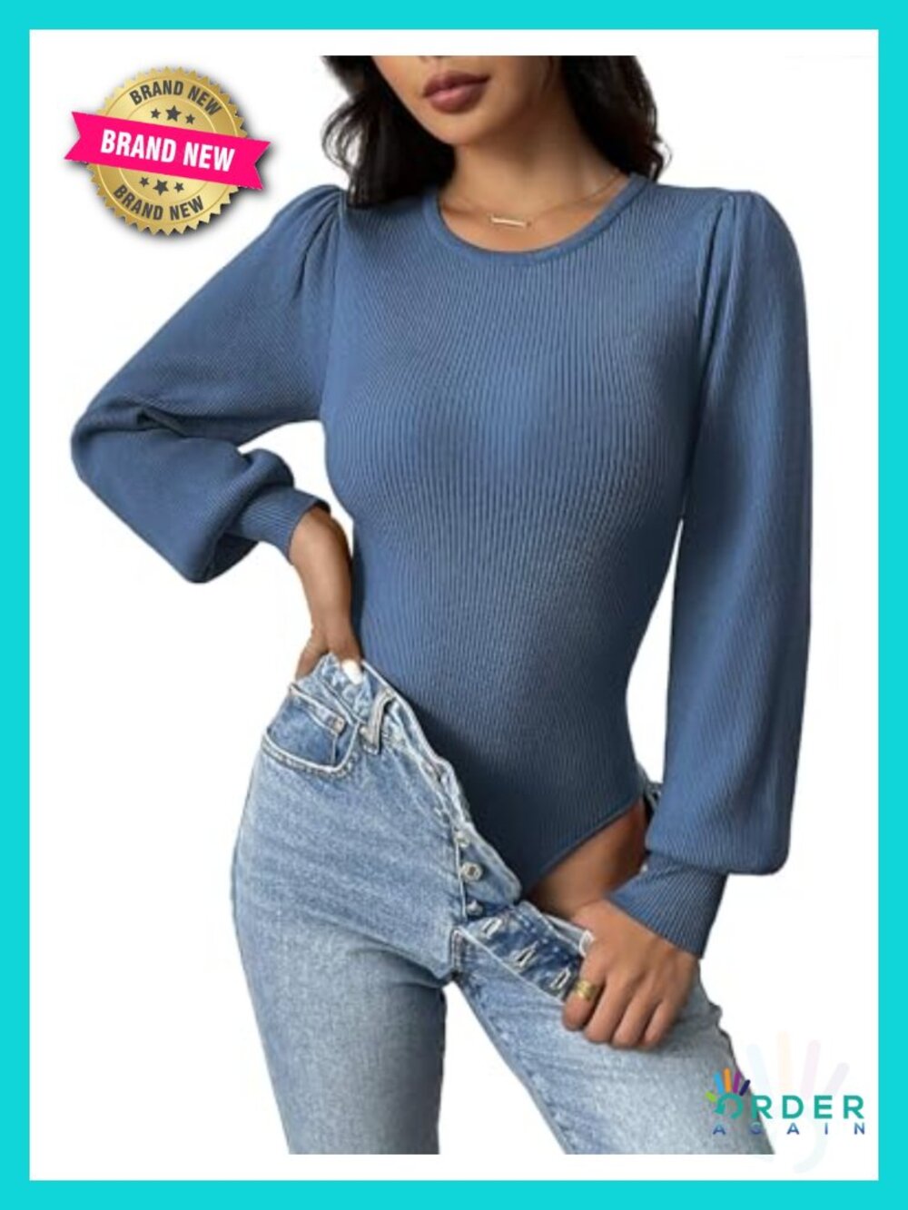 Womens Long Sleeve Sweater Bodysuit Crewneck Puff Knit Pullover